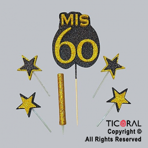 ADORNO DE TORTA SET MIS 60 CON 4 ESTRELLAS Y BENGALA GIBRE ORO x 1
